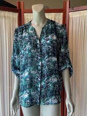 Covington Essentials Womens Sheer Blouse Roll Tab Sleeves Button Down Size XL